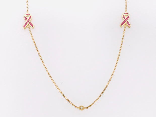 14Kt Yellow Gold Diamond Necklace with 3 Round Diamonds .06ct TDW SI1 GH and 2 Pink Enamel Ribbons
