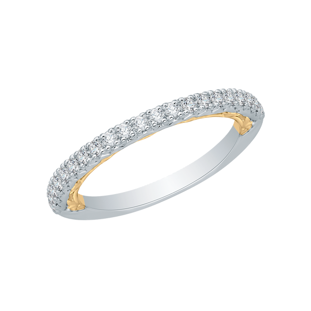 14Kt Two Tone Carizza Wedding Band with 22 Round Prong Set Diamonds with Yellow gold scrolling under setting .22Ct TDW VS1 GHGoes with 100-1193