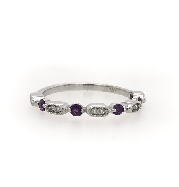 10Kt White Gold Stacker Band With 4 Round Prong Set Amethyst .20Ct Tgw And 10 Round Prong Set Diamonds With Miligrain .06Ct Tdw I1 HI