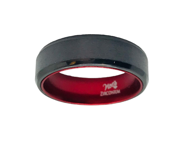 7mm Zirconium bevel edge Ring with satin Center, Red Anodized aluminum interior Size 10