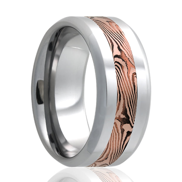 8mm Tungsten Carbide Ring With Beveled Edge With 14Kt Rose Gold And Shakudo a copper and gold mixture creating the black pattern Mokume Gane Center Inlay Size 10