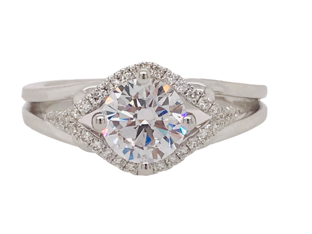18kt White Gold Diamond Semi-mount Ring Set with CZ Center surrounded by split halo of 34 round diamonds .17ct TDW SI1 GH