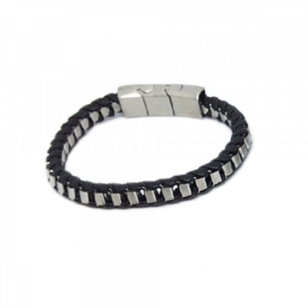 Stainless Steel With Navy Leather  Bracelet