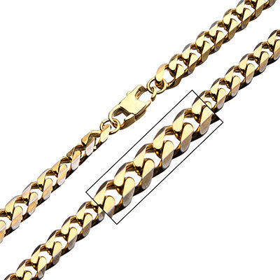 Men's Denim Fade Stainless Steel Gold Plated Diamond Cut Curb 8mm Chain with Lobster Clasp. Necklace- 30 inch long.