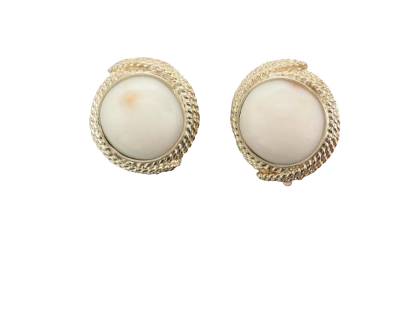 14kt Yellow Gold Earrings, With Two - 15mm Cabachon Cut Genuine Coral StonesRetail 2199  Estate 1099