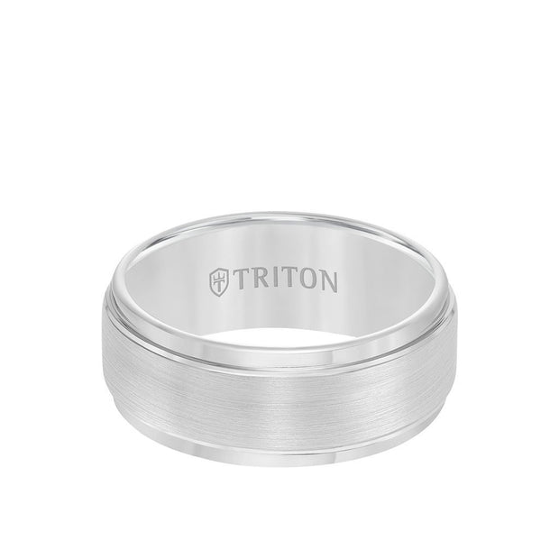 White Tungsten Carbide 9mm Comfort Fit Wedding Band With A Brushed Center And High Polished Outside Edges. Size 10