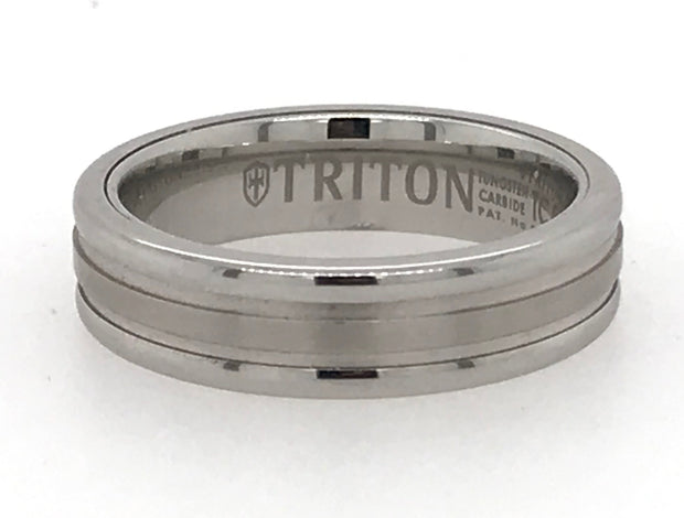 Gent's 6mm Gray Tungsten Carbide Wedding Band With Step Edge 14Kt White Gold Insert, Size 10