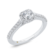 14Kt White Gold Engagement Ring With Halo Of 16 Round Prong Set Diamonds With 8 Round Prong Set Diamonds Down Each Side And 7 Rounds On Each Side Of The Under Carriage .40 Tdw G-H Si1 Goes With 110-1516; center setting for 5mm round