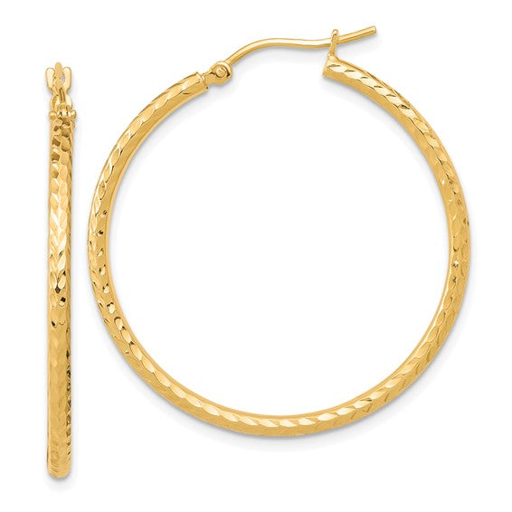 10k Yellow Gold Diamond-cut 2x35mm Round Tube Hoop Earrings