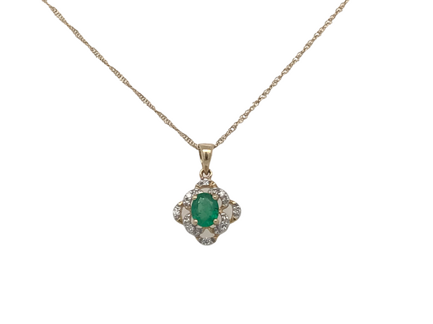 14Kt Yellow Gold 18 Inch Singapore Chain With Genuine .23  Oval Emerald and .03 Round Diamond Accent Stones Pendant