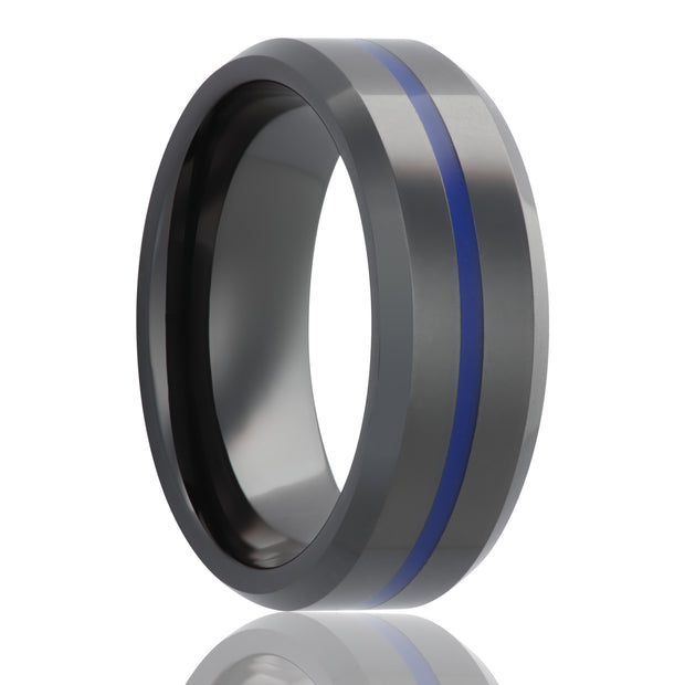 8mm Black Ceramic Beveled Edge Ring with Blue Epoxy Center Inlay Size10