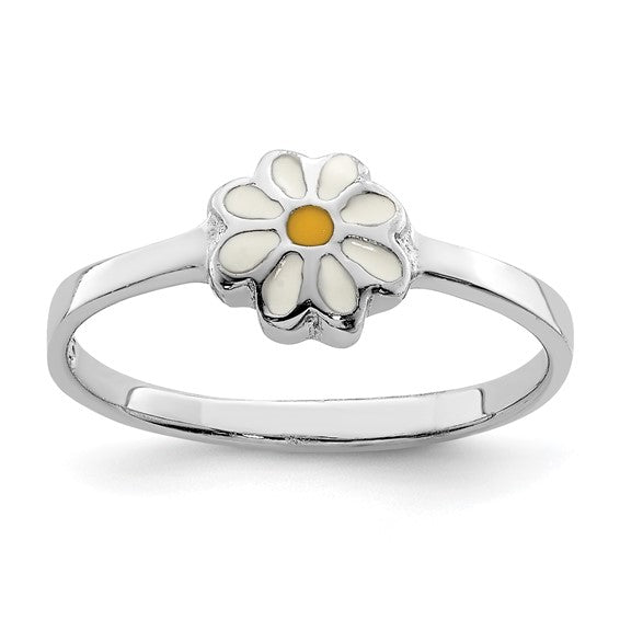 Sterling Silver Rhodium Plated Child's White and Yellow Enamel Daisy R