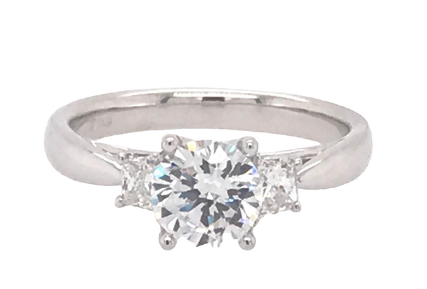 14k White Gold Three Stone Ring With 1.00ct CZ Round Center With Trapezoid Diamonds On Each Side .28tdw GH VS2