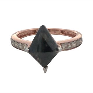 14kt Rose Gold Ring With 1.63ct Salt And Pepper Kite Shaped Center And 10 Round Diamonds Down The Channel 1.93tdw