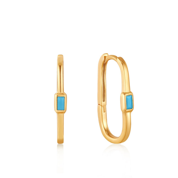 Sterling Silver Yellow Gold Plated Turquoise Oval Gold Hoop Earrings