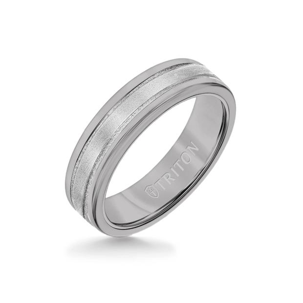 Gent's 6mm Gray Tungsten Carbide Wedding Band With Step Edge 14Kt White Gold Insert, Size 10