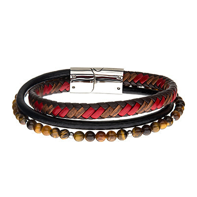 Men's Stainless Steel Tiger Eye Beads with Brown and Red Leather Layered Bracelet 8 14 inch long w Self Adjustable Link Brushed Clasp.