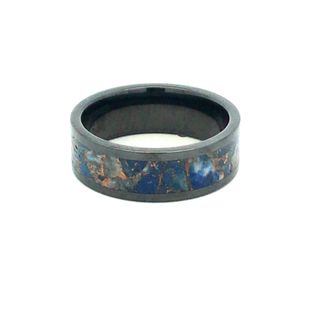8mm Black Ceramic Pipe Cut High Polish Ring With LapisBrass Inlay