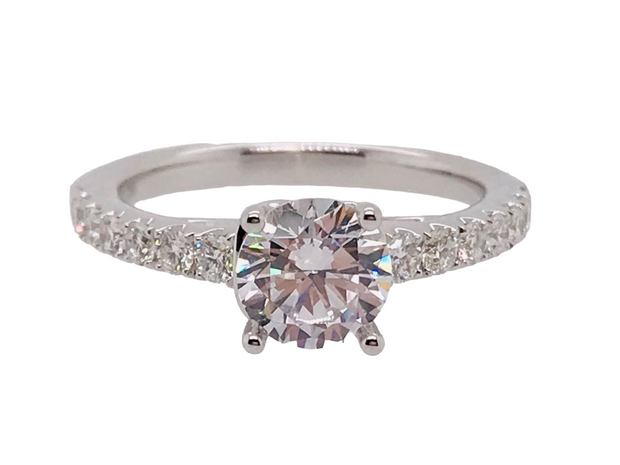 18Kt White Gold Diamond Semi-Mount Engagement Ring Set With Cz Center and 14 Round Diamonds Down Shoulders .44Ct Tdw Si1 GH
