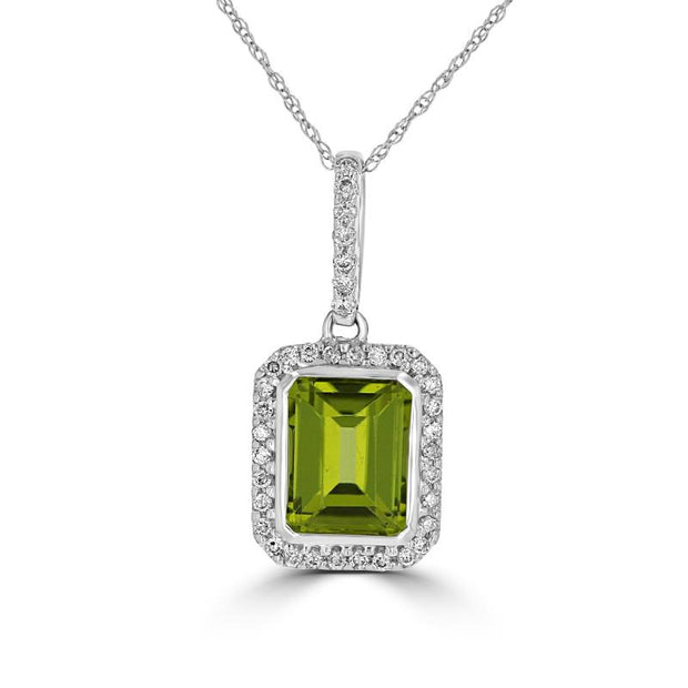 14kt White Gold 1.67ct Emerald Cut Peridot Surrounded By 38 Round Diam