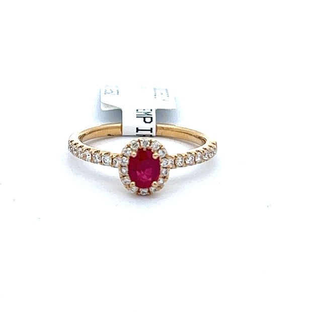 18kt Yellow Gold Ring With4/5 .46ct Ruby and 28 Round Diamond Halo and