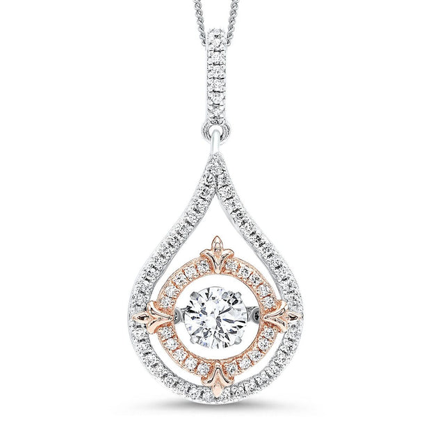Sterling Silver 18 Inch Chain Two Tone Pendant With 60 Round Prong Set Diamonds And "Rhythm Of Love" Cz Center .06Ct Tdw I1 HI
