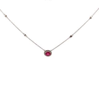 14kt White Gold Diamonds By The Yard Necklace With .82 Oval Ruby Center Surrounded by 4 Round Diamonds .23tdw HI I1