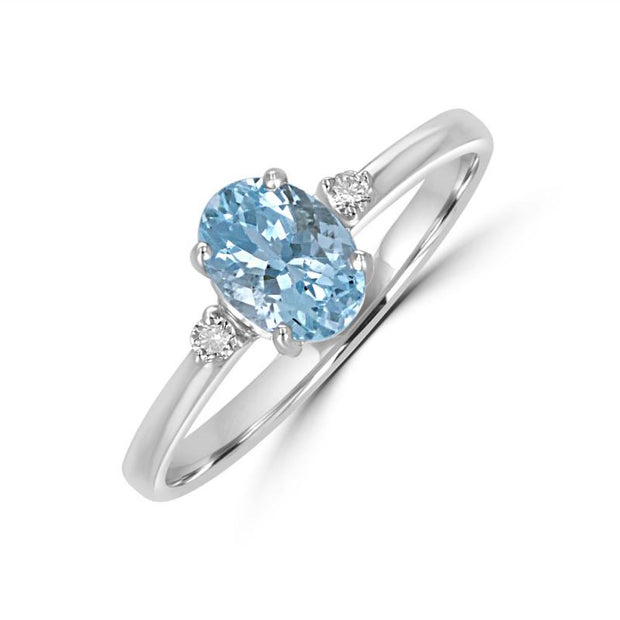 14kt White Gold Ring With Oval Aquamarine .71ct and 2 Round Diamonds .