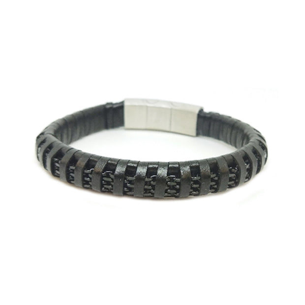 Black Stainless Steel With Black Leather  Bracelet