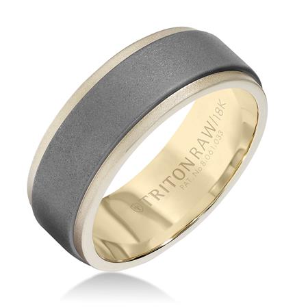 Raw Gold And Tungsten Ring With  Flat Profile With Innovative Raw Matte Insert In Yellow 18K Gold Ring With Step Edge, 8mm, Size 10
