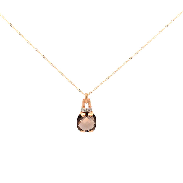14 Karat Yellow Gold 8mm Cushion Checkerboard Cut Smoky Topaz With 6Br@.03Ctw I1 I With 18" Chain. Weight 1.9 Grams