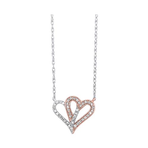 10Kt WhiteRose Gold Double Heart 18" Necklace With 43 Round Diamonds .10Tdw HI I2