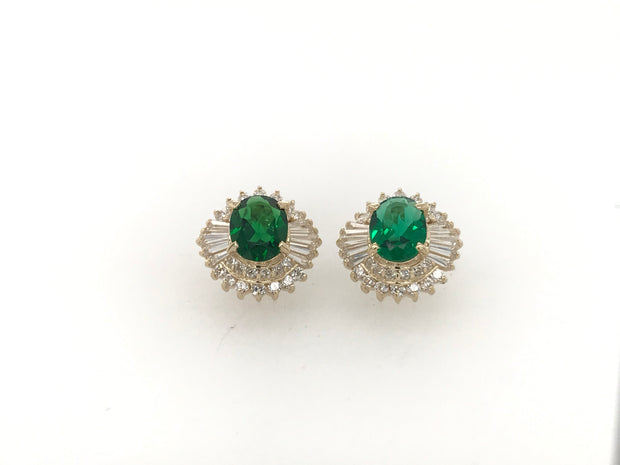 14kt Yellow Gold Earrings With 2 - 9x7 Oval Synthetic Green Stones  Round  Baguette Cut Cubic Zirconia Retail 999  Estate 499