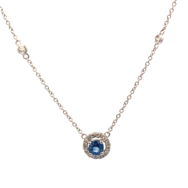 14kt White Gold Necklace With Round Sapphire .38ct With 14 Round Diamo