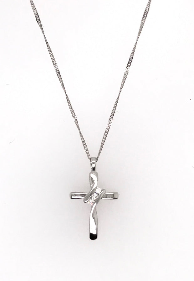 14kt  White Gold Cross with 3 Round Diamonds .05tdw H SI with 18 Inch Chain