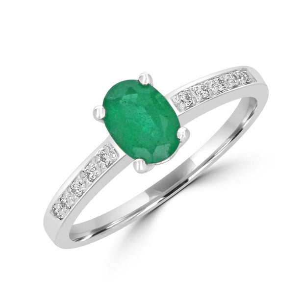 14 Karat White Gold Ring Set With One 7X5 Oval Emerald .72Cts. And Ten
