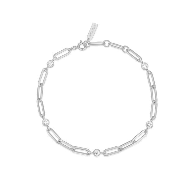 Sterling Silver CZ Bezel Station Paper Clip Chain Bracelet