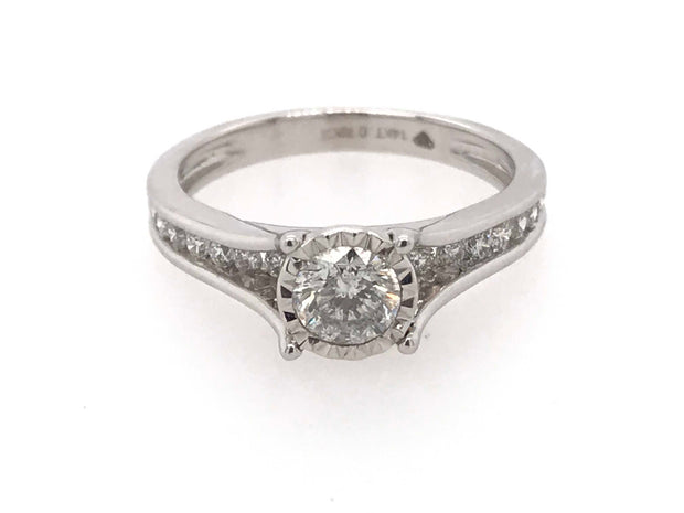 14K White Gold Engagement Ring With 1 Round Illusion Set Diamond Center Stone And 14 Round Diamonds On The Side .72Ct Tdw I1 GH, Size 6.5
