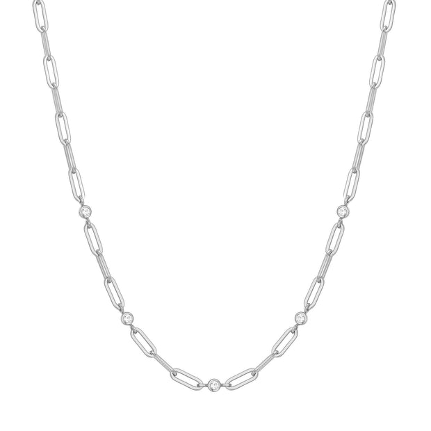 Sterling Silver CZ Bezel Station Paper Clip Chain Necklace