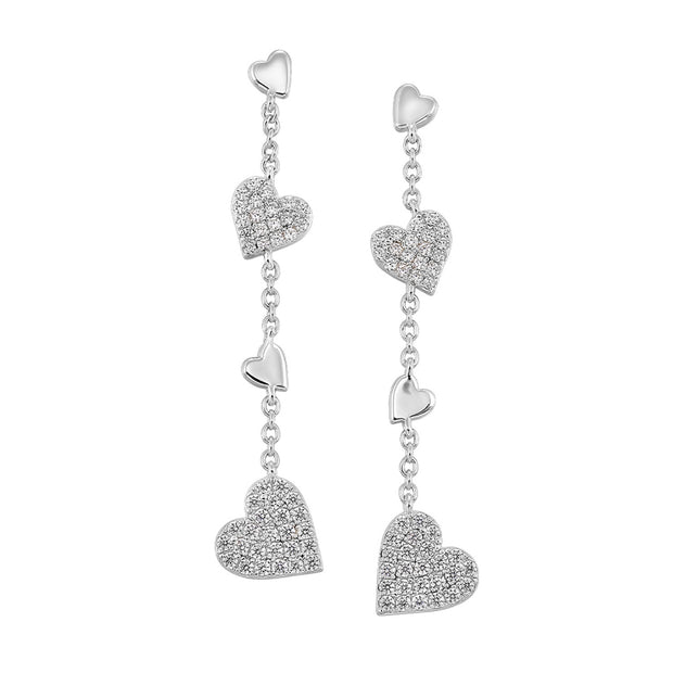 Sterling Silver  CZ and Plain Heart Station Earrings