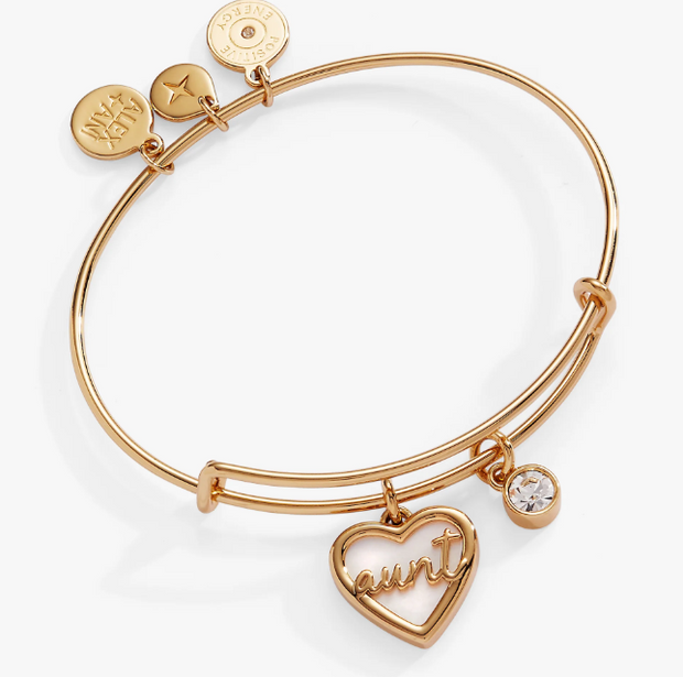 Yellow Tone Bangle With "Aunt" Mother Of Pearl Heart Charm