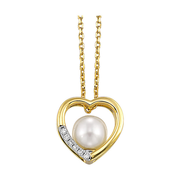 14kt Yellow Gold Heart Pendant With Pearl Center And 6 Round Diamonds