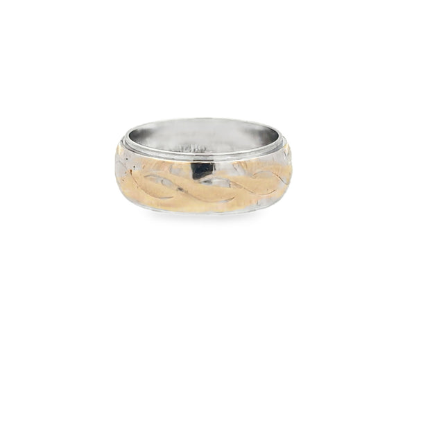 Vintage 14 Karat Yellow And White Gold Patterned Wedding Band 7Mm Wide