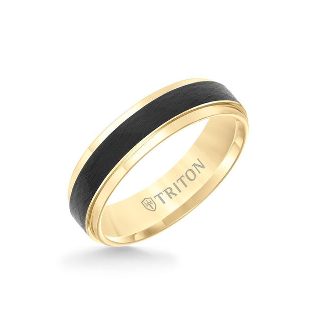 6mm Comfort Fit Tungsten Carbide Band With Black Crystalline Center Finish And Yellow Step Edge, Size 10