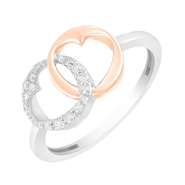 Sterling Silver/Rose Gold Double Heart Ring With 17 Round Diamond .10t