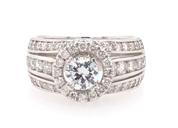 14K White Gold Engagement Ring With 38 Round Diamonds 1.65Ct Tdw I1 HI, CZ Center