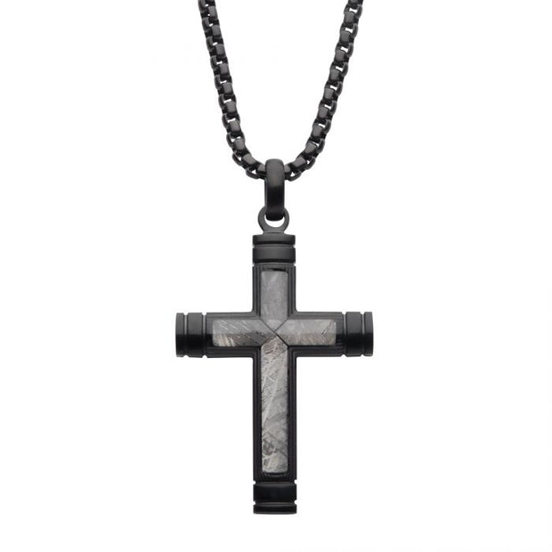 Men's Stainless Steel Meteorite Inlay Cross Pendant with Black IP Box Chain.