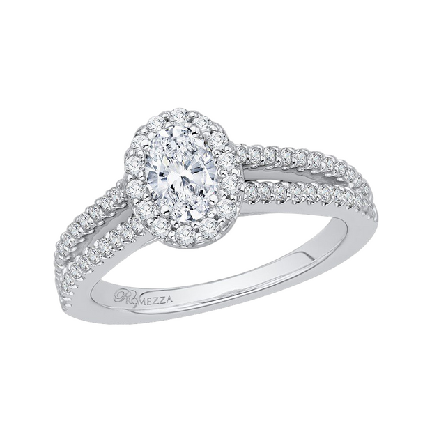 14K White Gold Promizza Split Shank Halo-Style Engagement Ring With 44 Rbc Diamonds Down Sides  14 Diamonds Surrounding Center .40Ct Tdw GH Si2 Cz Center Goes With 110-1512