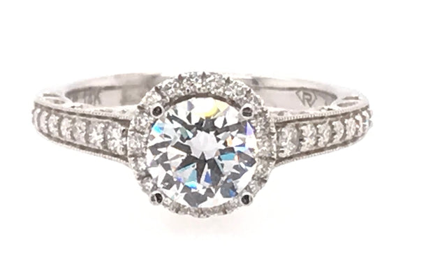 14K White Gold Engagement Ring With 14 Diamonds Going Down The Side Of The Ring And 18 Round Diamonds On The Halo .30Ct Tdw I1 HI CZ Center Goes With Band 110-1217