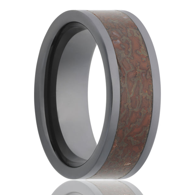 8mm Black Ceramic Flat High Polish Finish With 5mm Red Dino Bone Inlay